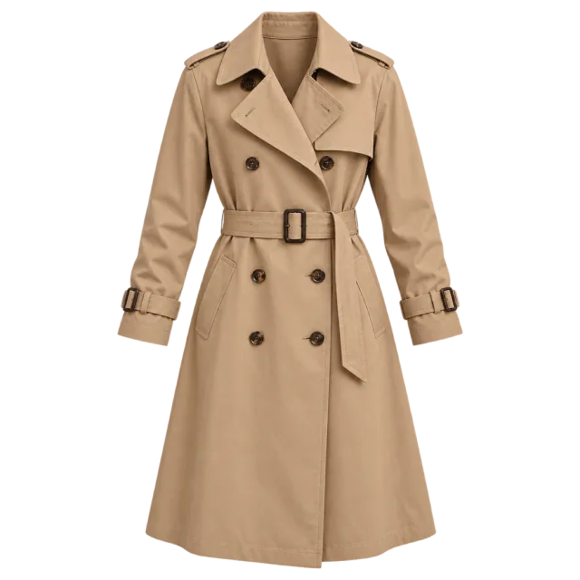 Camel double-breasted trench coat with a waist belt and shoulder tabs
