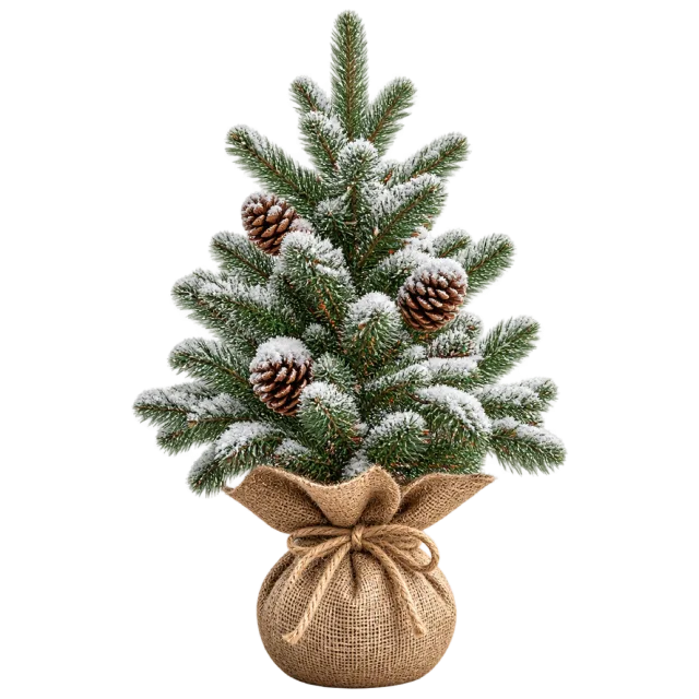 A snow-dusted pine sapling with pinecones in a tied burlap sack