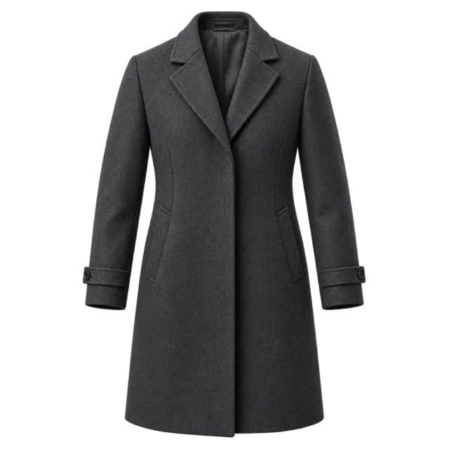 Charcoal long overcoat with notched lapels and a button front