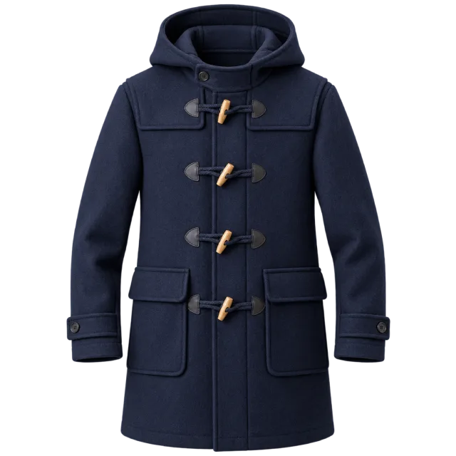 Navy hooded duffle coat with toggle fastenings and patch pockets