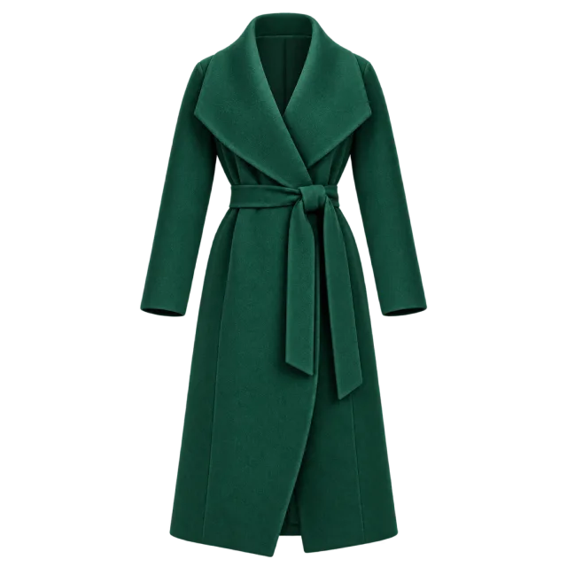 Emerald green wrap coat with wide lapels and a matching waist tie