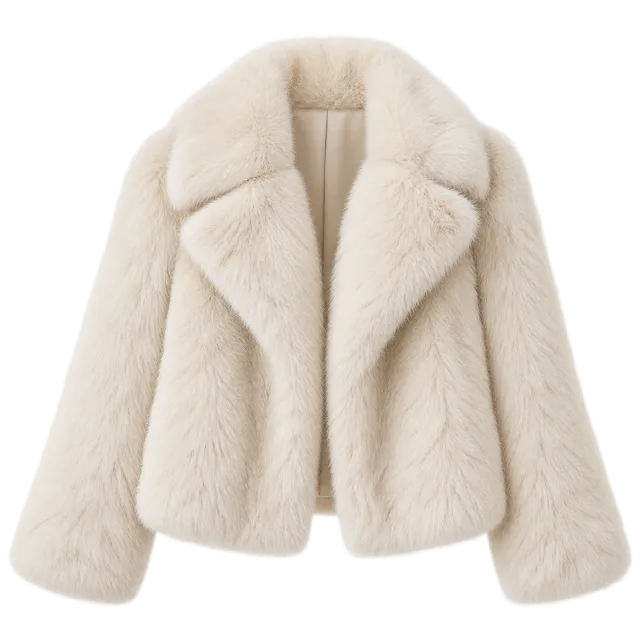 Cream faux-fur-style coat with a wide collar and plush texture