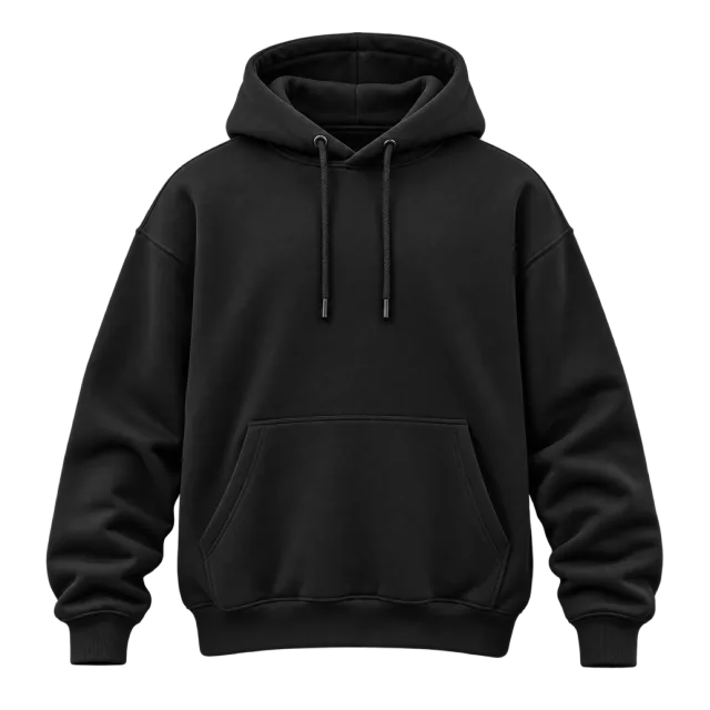 Black pullover hoodie with drawstrings and a kangaroo pocket