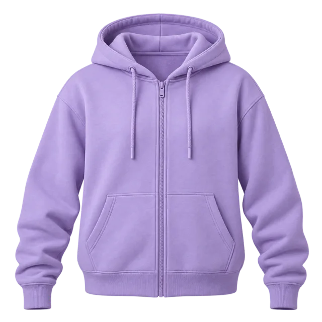 Lavender zip-front hoodie with drawstrings and front pockets