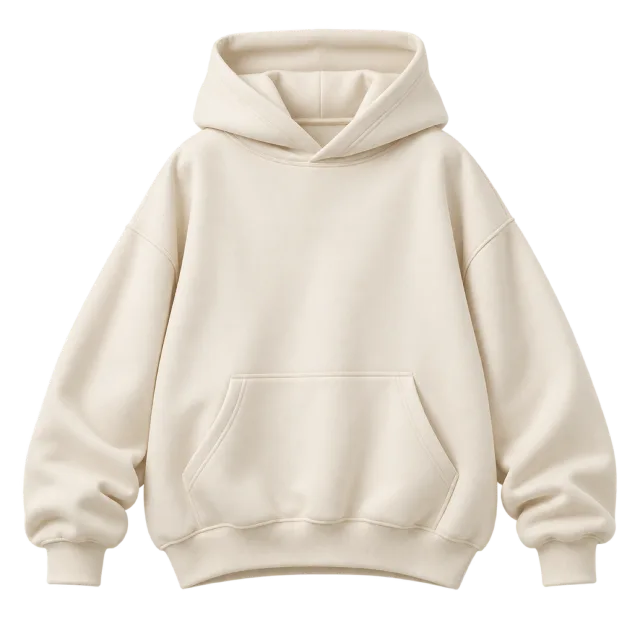 Cream oversized pullover hoodie with dropped shoulders and a kangaroo pocket
