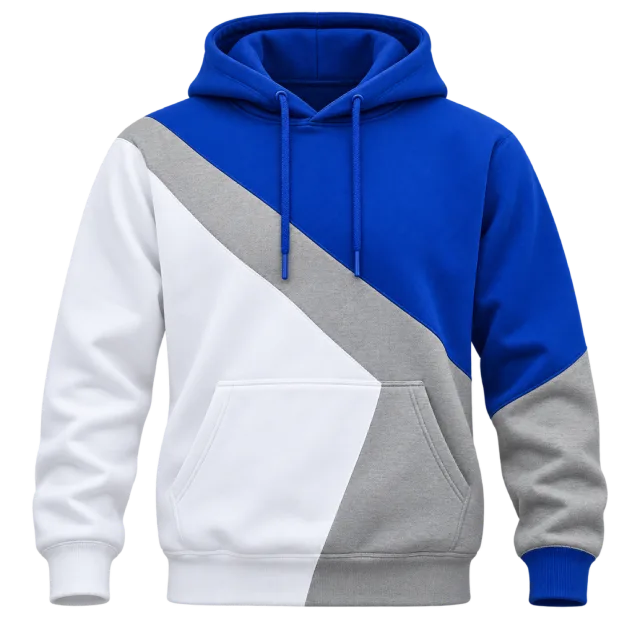 Blue, white and grey diagonal color-block hoodie with drawstrings