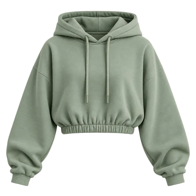 Sage green cropped hoodie with an elasticated hem and roomy sleeves