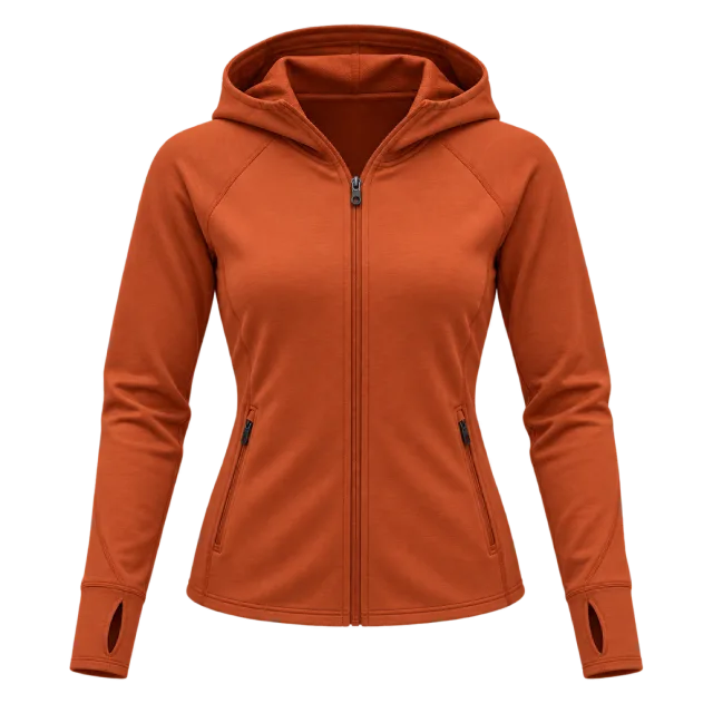 Orange fitted zip-front hoodie with long sleeves