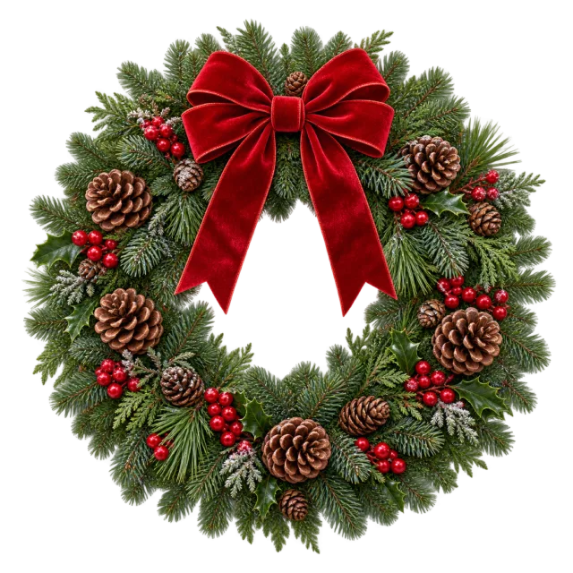 An evergreen wreath decorated with pinecones, berries and a large red bow