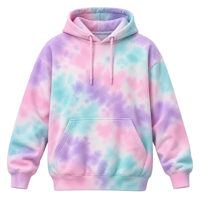 Pastel pink, lavender and blue tie-dye hoodie with a front pocket