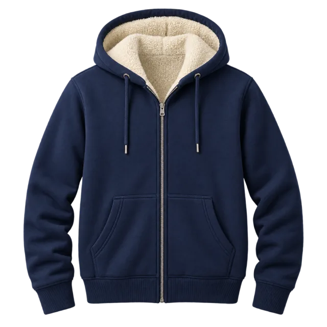 Navy zip-front hoodie with cream fleece-style lining in the hood
