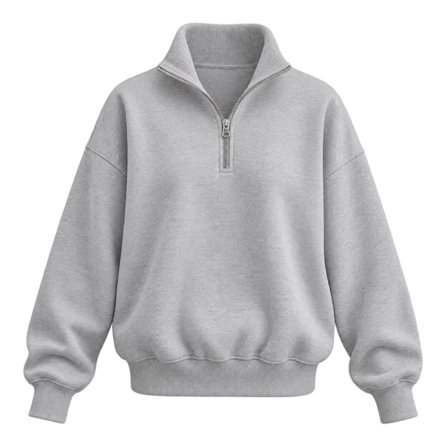 Grey quarter-zip sweatshirt with a high collar and ribbed hem