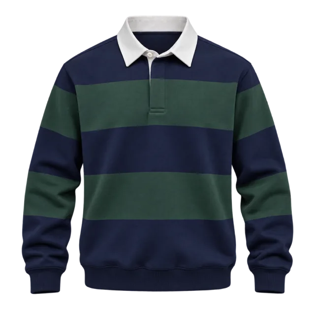Navy and green striped rugby-style sweatshirt with a white collar