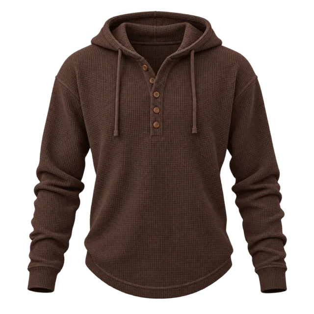 Brown textured hoodie with drawstrings and a short button placket