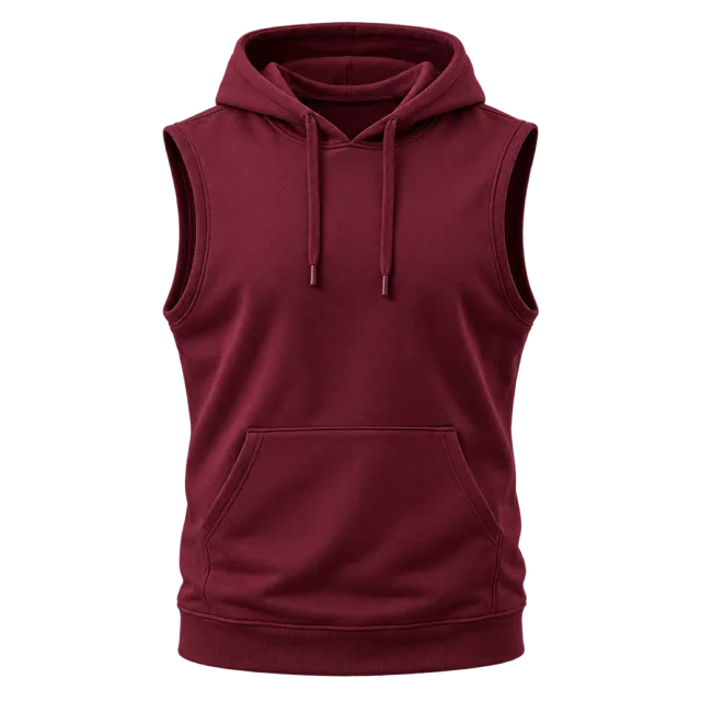 Burgundy sleeveless pullover hoodie with a kangaroo pocket