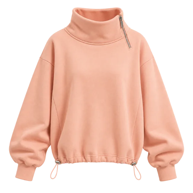 Peach funnel-neck sweatshirt with gathered cuffs and a drawstring hem