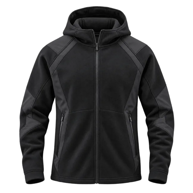 Black zip-front hoodie with dark panel detailing and a curved hem