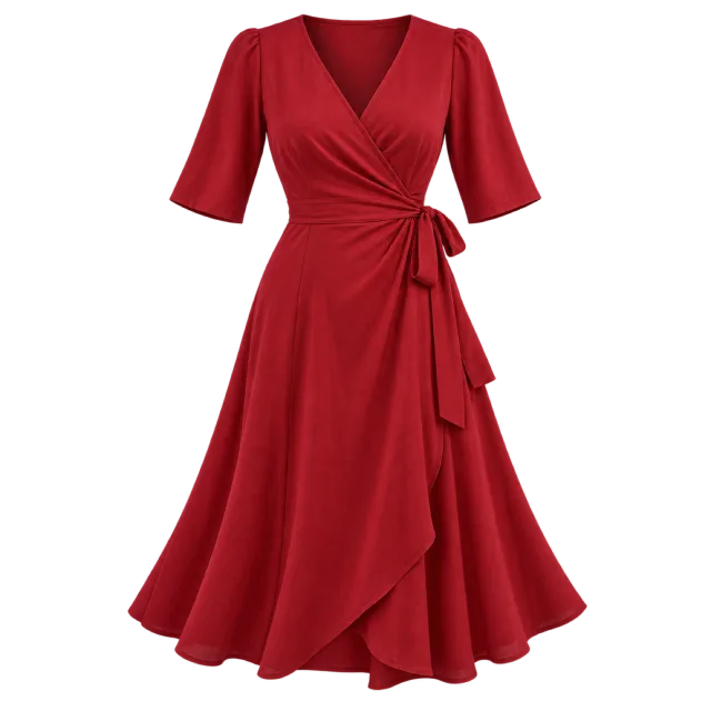 Red wrap dress with a V-neck, elbow-length sleeves and a side waist tie