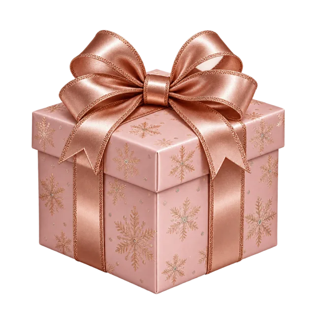 A pink gift box with snowflake patterns and a rose gold ribbon bow