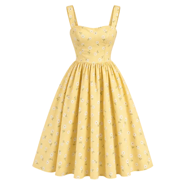 Yellow floral sundress with wide straps, a fitted waist and a flared skirt