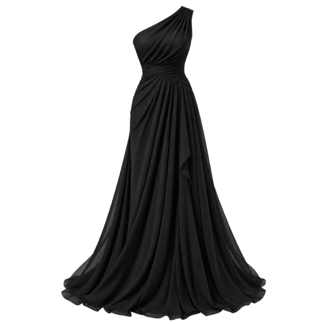 Black one-shoulder evening gown with a gathered waist and flowing skirt