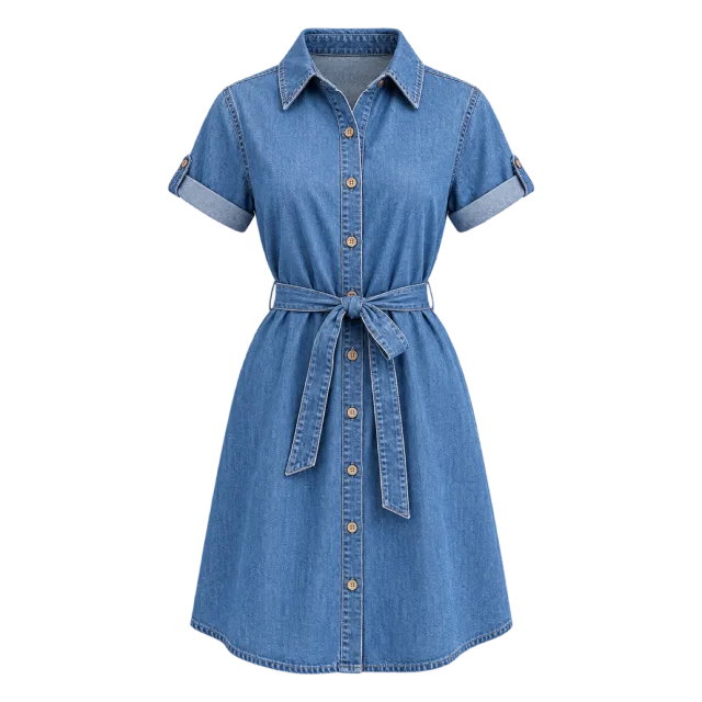 Blue denim shirt dress with short sleeves, front buttons and a matching belt