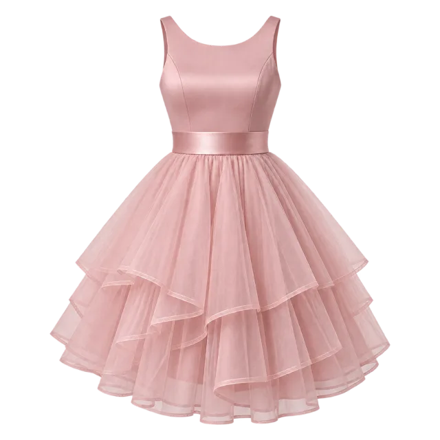 Pink sleeveless party dress with a fitted bodice and tiered tulle-style skirt