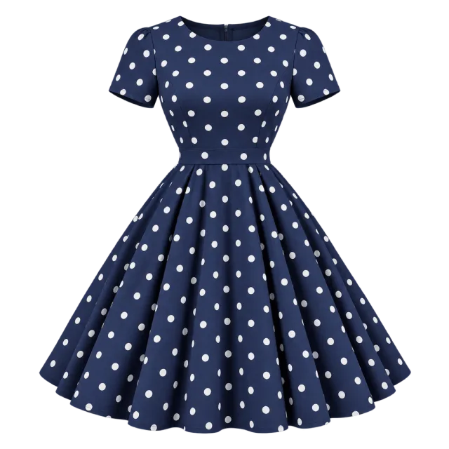 Navy short-sleeve dress with white polka dots and a flared skirt