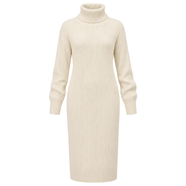 Cream long-sleeve knit sweater dress with a roll neck and ribbed trim
