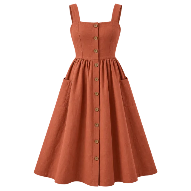 Terracotta sleeveless dress with wide straps, front buttons and a gathered skirt