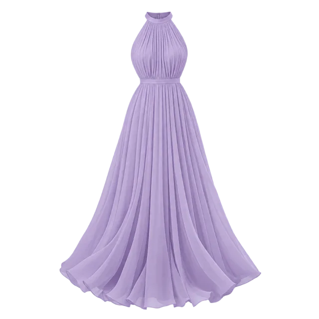 Lavender halter-neck maxi dress with a pleated flowing skirt