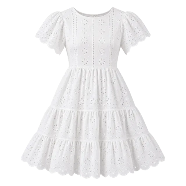 White eyelet-style dress with flutter sleeves and a tiered skirt