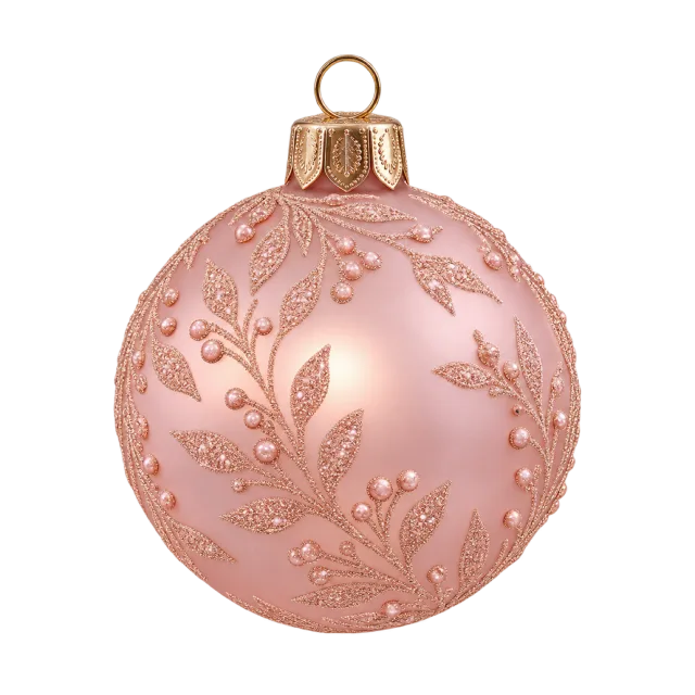 A pale pink round ornament with raised decorative leaves and a gold cap