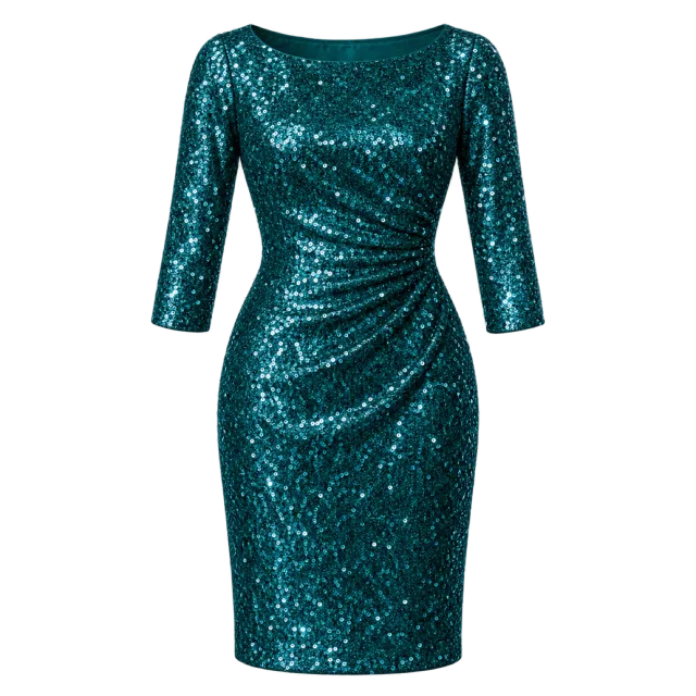 Teal sparkling cocktail dress with three-quarter sleeves and gathered waist detail