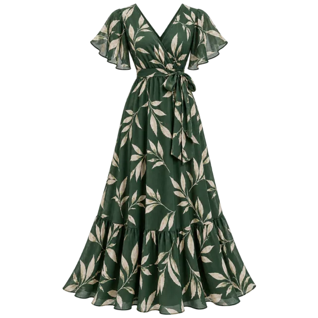 Dark green botanical-print maxi dress with flutter sleeves and a waist tie