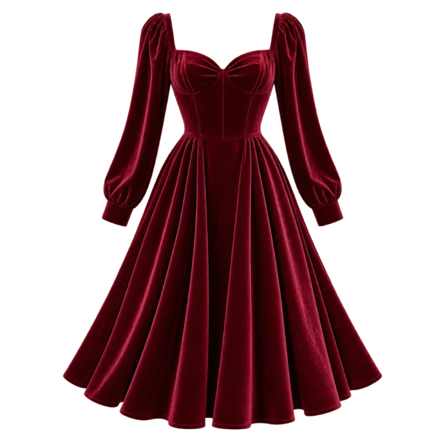 Burgundy velvet-style dress with a sweetheart neckline, long sleeves and flared skirt