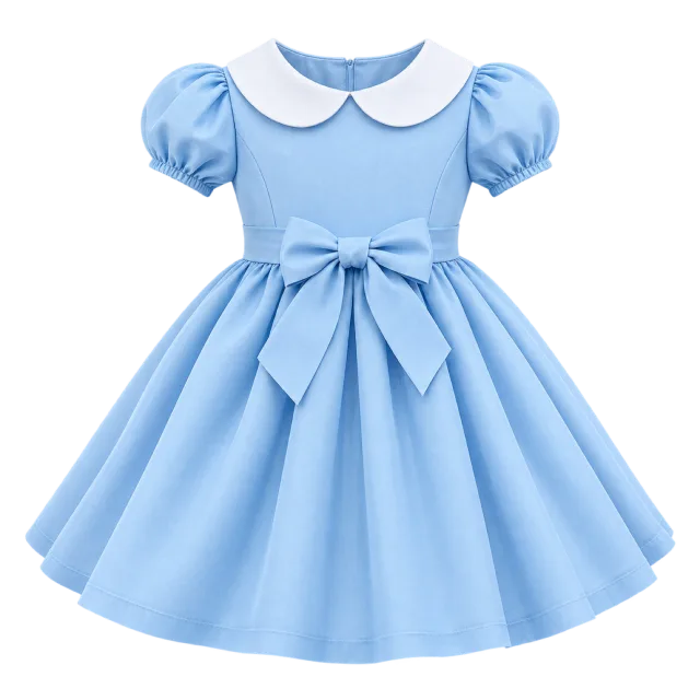 Pale blue children's dress with puff sleeves, a white collar and a waist bow