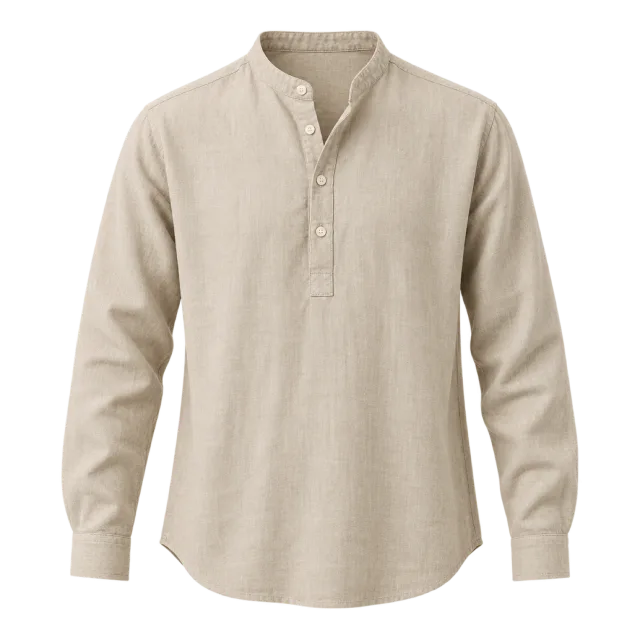 Beige textured long-sleeve shirt with a pointed collar and button front