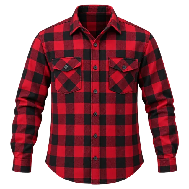 Red and black plaid shirt with long sleeves and flap chest pockets