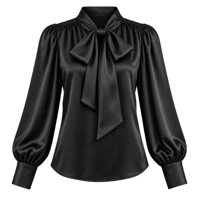 Black satin-style blouse with a tied neck bow and gathered sleeves