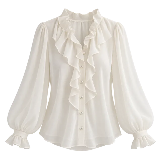 Ivory blouse with a ruffled high neckline, button front and gathered cuffs
