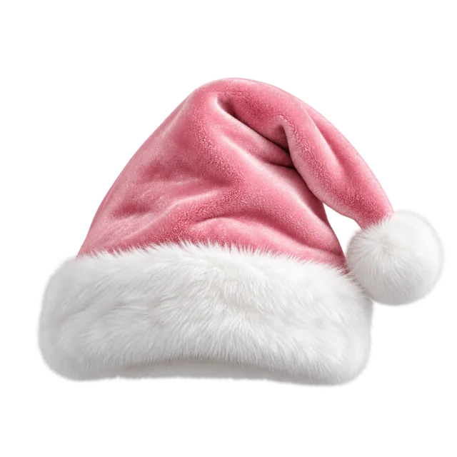 A soft pink Santa hat with white furry trim and pompom