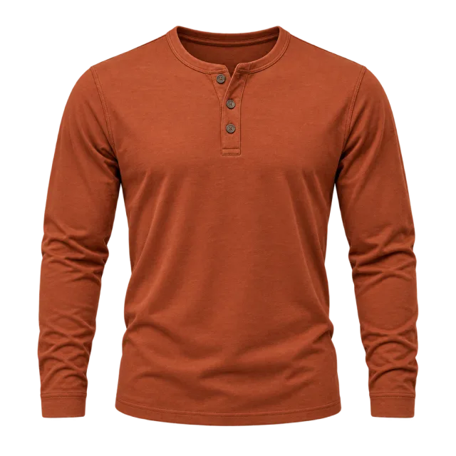 Burnt orange long-sleeve Henley shirt with a short button placket