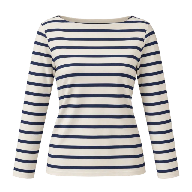 Cream long-sleeve Breton-style top with navy horizontal stripes