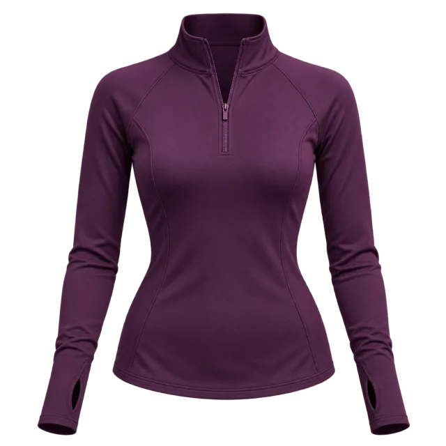 Purple fitted athletic top with long sleeves and a short front zip