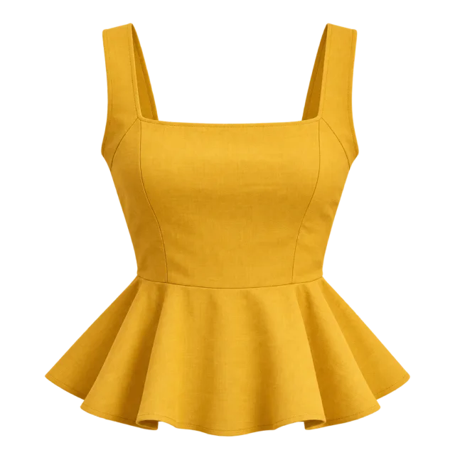 Yellow sleeveless peplum top with a square neckline and flared hem