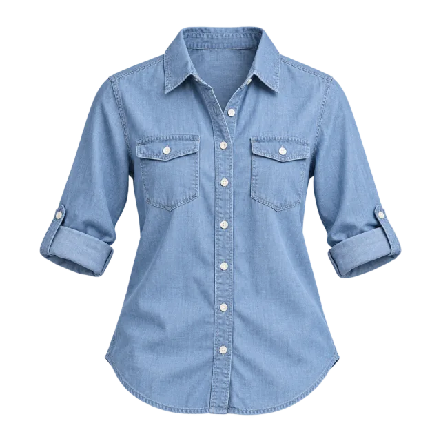 Blue chambray-style button shirt with chest pockets and rolled sleeves