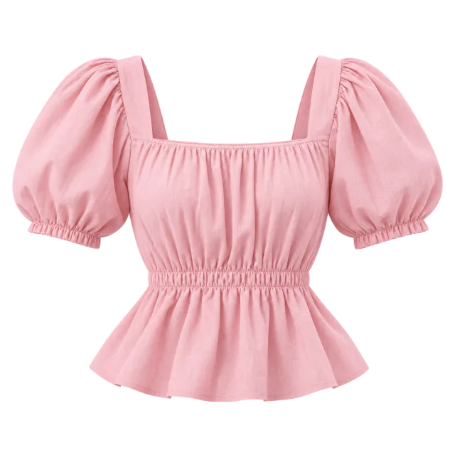 Pink puff-sleeve top with a square neckline, gathered waist and peplum hem