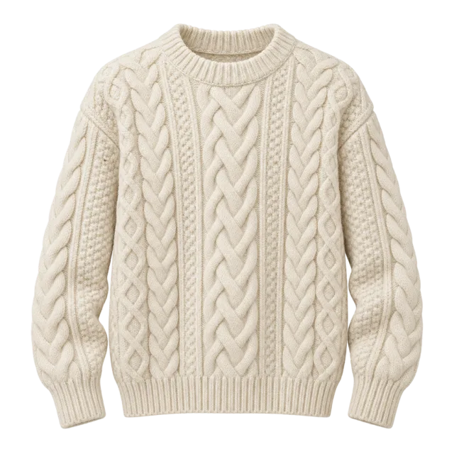 Cream cable-knit sweater with a crewneck and ribbed trim