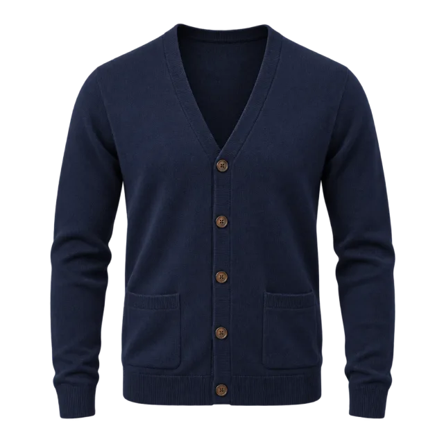 Navy V-neck cardigan with a button front and long sleeves